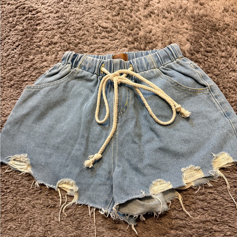 POL Blue Jean Shorts with Distressed Hem and Elastic Waist